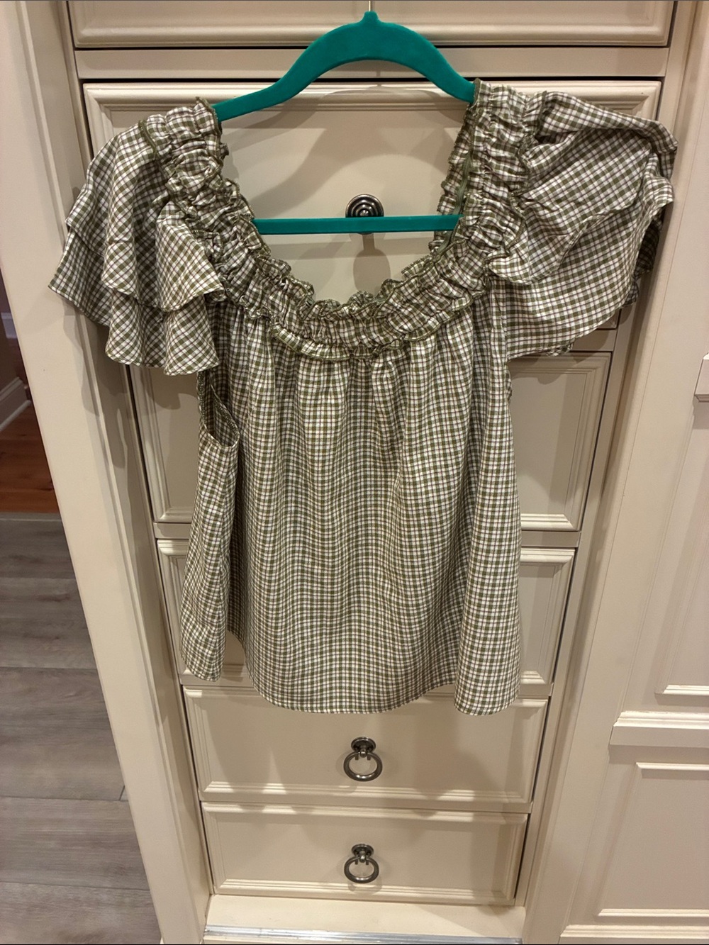 easel Green and White Plaid Off-Shoulder Ruffle Top